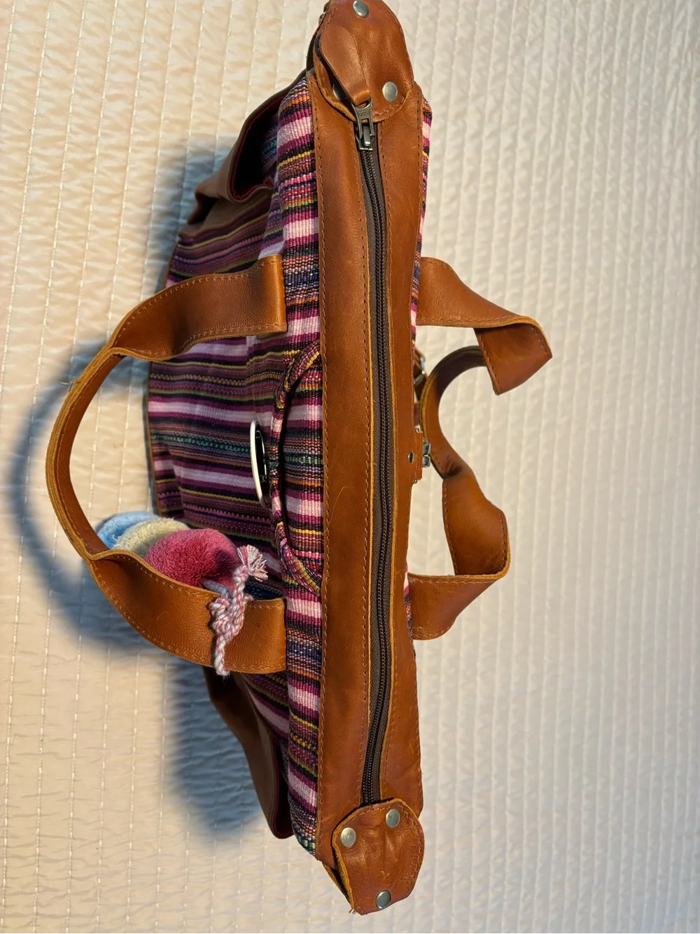 Nena & Co. Pink Striped Canvas Tote with Pom Pom Charm